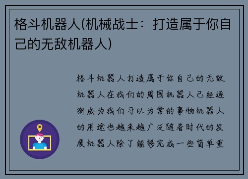 格斗机器人(机械战士：打造属于你自己的无敌机器人)